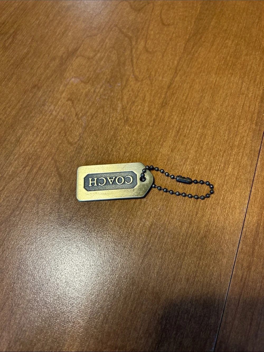 Coach Brass Dog Tag Keychain in Antique Gold with Black Chain